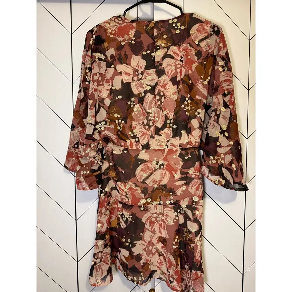 BTFL-Life Women’s XS Pink Gold Floral Plunging Short Sleeve Wrap Mini Dress